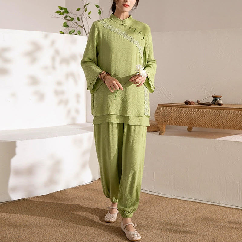 Ensemble de 2 uniformes de Tai Chi à manches longues et boutons en forme de Buddha Stones pour méditation, prière, pratique zen, pour femmes - Boutonnage latéral vert (Haut et pantalon) - US8-10，UK/AU12-14，EU40-42 (2XL) - image 21