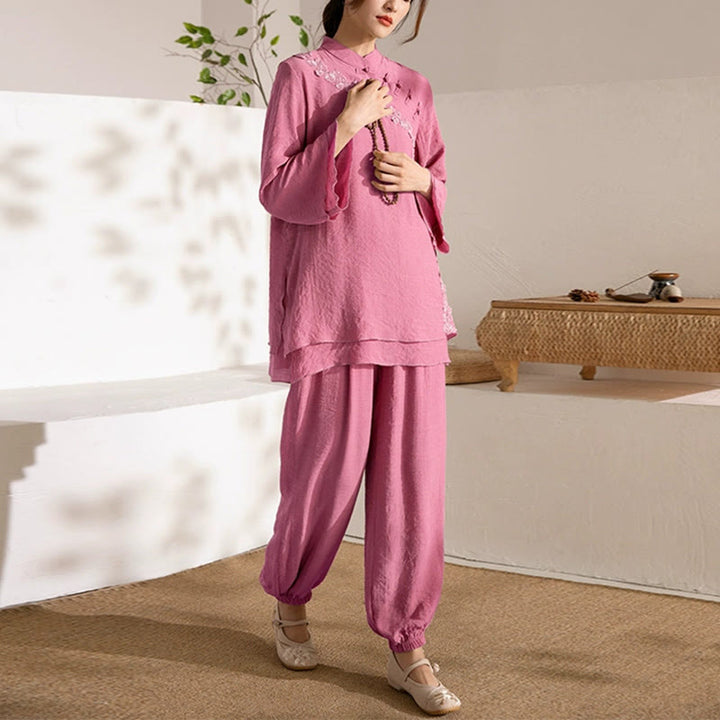 Ensemble de 2 uniformes de Tai Chi à manches longues et boutons en forme de Buddha Stones pour méditation, prière, pratique zen, pour femmes - Rose rouge à boutons brandebourg latéraux (haut et pantalon) - US8-10，UK/AU12-14，EU40-42 (2XL) - image 20