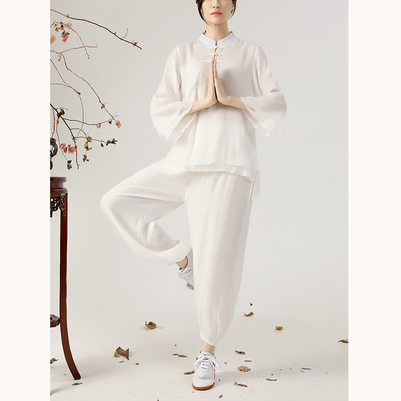Ensemble de 2 uniformes de Tai Chi à manches longues et boutons en forme de Buddha Stones pour méditation, prière, pratique zen, pour femmes