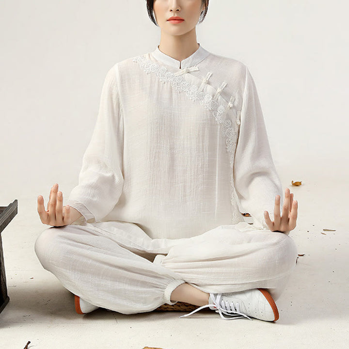 Ensemble de 2 uniformes de Tai Chi à manches longues et boutons en forme de Buddha Stones pour méditation, prière, pratique zen, pour femmes
