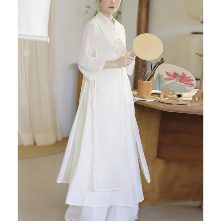 Robe mi-longue cheongsam en mousseline de soie brodée de Buddha Stones Pantalon à jambe large Vêtements de pratique de méditation zen - Robe seulement - US8-10，UK/AU12-14，EU40-42 (2XL) - image 0