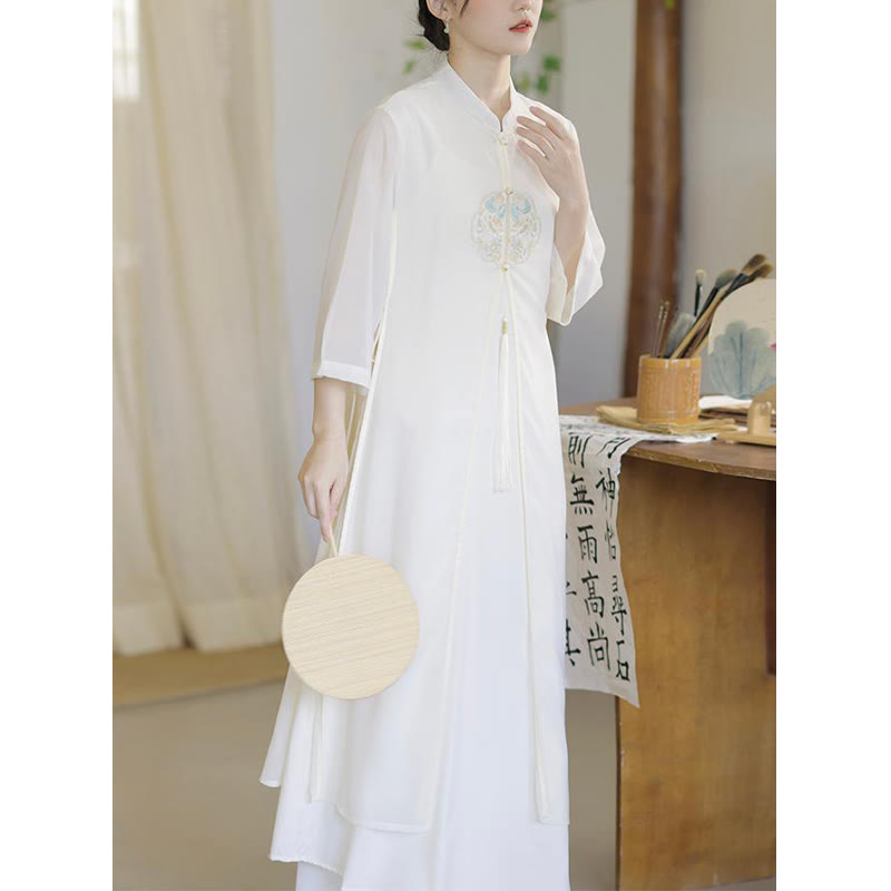 Robe mi-longue cheongsam en mousseline de soie brodée de Buddha Stones Pantalon à jambe large Vêtements de pratique de méditation zen - image 7