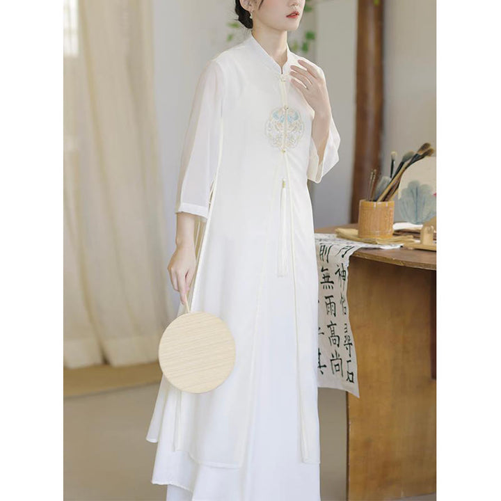 Robe mi-longue cheongsam en mousseline de soie brodée de Buddha Stones Pantalon à jambe large Vêtements de pratique de méditation zen - image 7