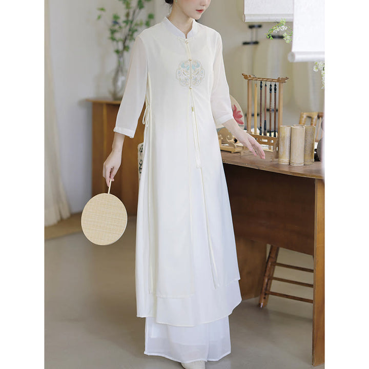 Robe mi-longue cheongsam en mousseline de soie brodée de Buddha Stones Pantalon à jambe large Vêtements de pratique de méditation zen - image 10