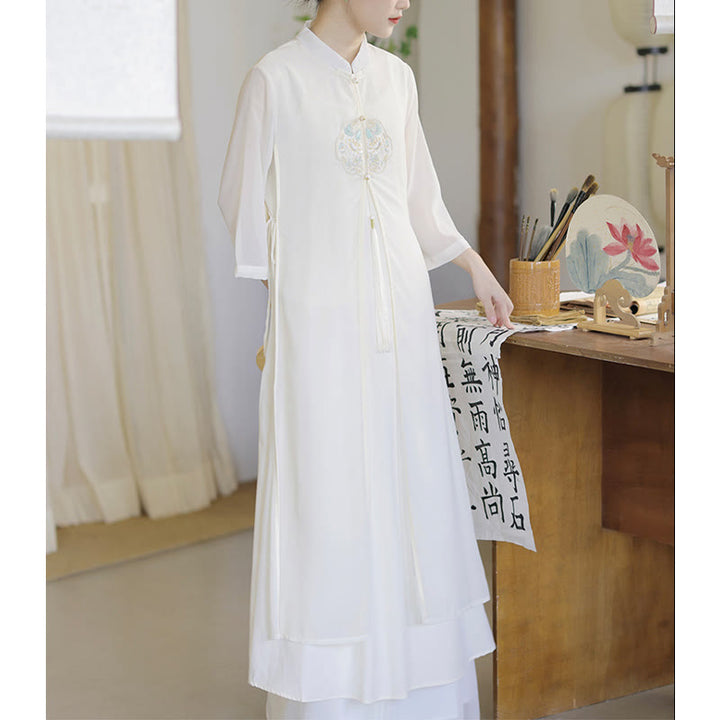 Robe mi-longue cheongsam en mousseline de soie brodée de Buddha Stones Pantalon à jambe large Vêtements de pratique de méditation zen - image 8