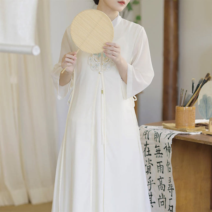 Robe mi-longue cheongsam en mousseline de soie brodée de Buddha Stones Pantalon à jambe large Vêtements de pratique de méditation zen - image 2