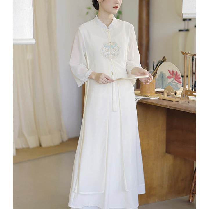 Robe mi-longue cheongsam en mousseline de soie brodée de Buddha Stones Pantalon à jambe large Vêtements de pratique de méditation zen - image 5