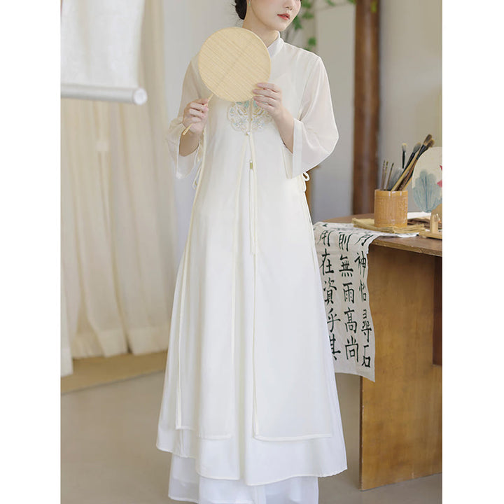 Robe mi-longue cheongsam en mousseline de soie brodée de Buddha Stones Pantalon à jambe large Vêtements de pratique de méditation zen - image 9