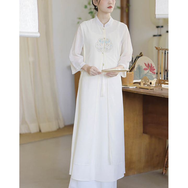 Robe mi-longue cheongsam en mousseline de soie brodée de Buddha Stones Pantalon à jambe large Vêtements de pratique de méditation zen - image 11