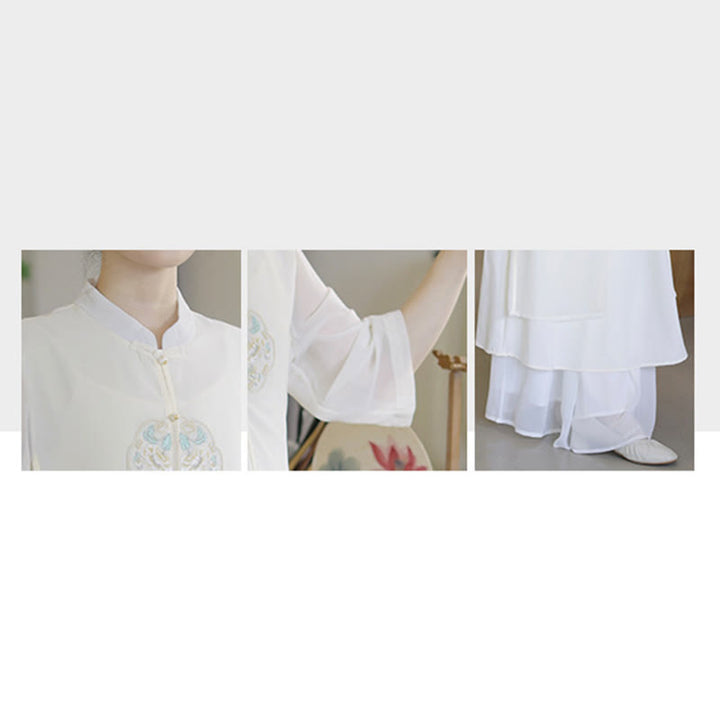 Robe mi-longue cheongsam en mousseline de soie brodée de Buddha Stones Pantalon à jambe large Vêtements de pratique de méditation zen - image 15