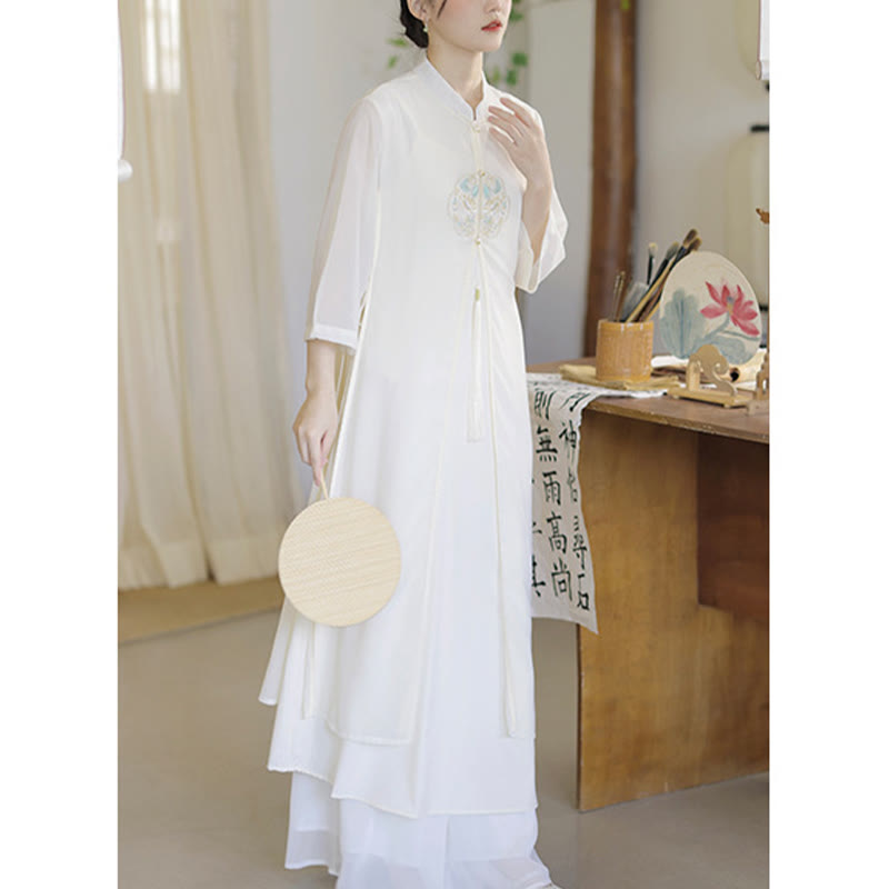 Robe mi-longue cheongsam en mousseline de soie brodée de Buddha Stones Pantalon à jambe large Vêtements de pratique de méditation zen - image 12