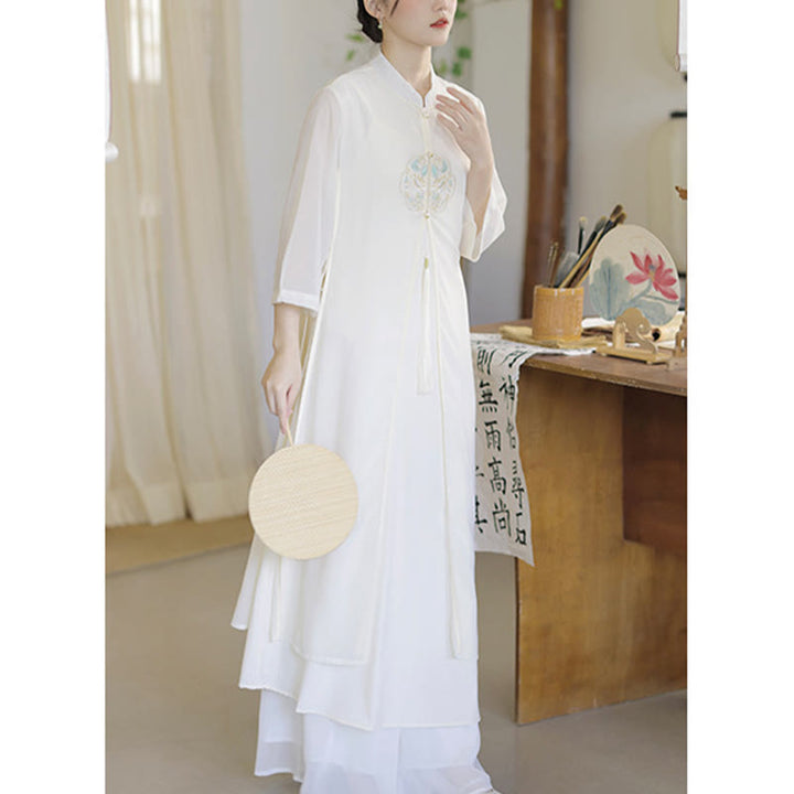 Robe mi-longue cheongsam en mousseline de soie brodée de Buddha Stones Pantalon à jambe large Vêtements de pratique de méditation zen - image 12