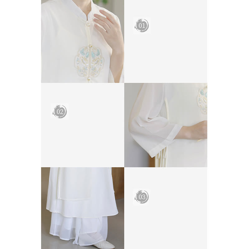 Robe mi-longue cheongsam en mousseline de soie brodée de Buddha Stones Pantalon à jambe large Vêtements de pratique de méditation zen - image 14