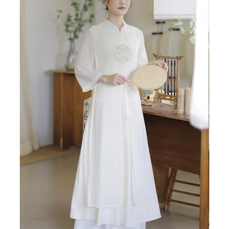 Robe mi-longue cheongsam en mousseline de soie brodée de Buddha Stones Pantalon à jambe large Vêtements de pratique de méditation zen - image 1