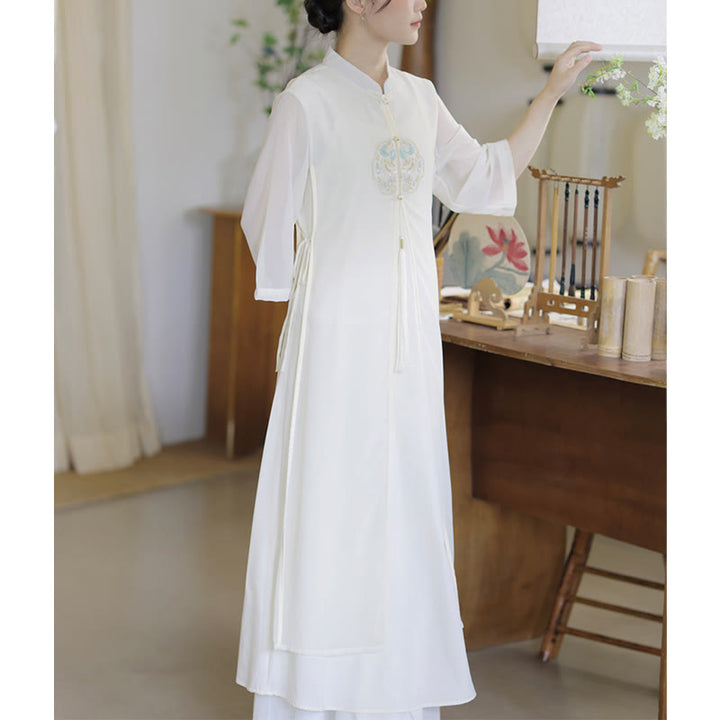 Robe mi-longue cheongsam en mousseline de soie brodée de Buddha Stones Pantalon à jambe large Vêtements de pratique de méditation zen - image 6