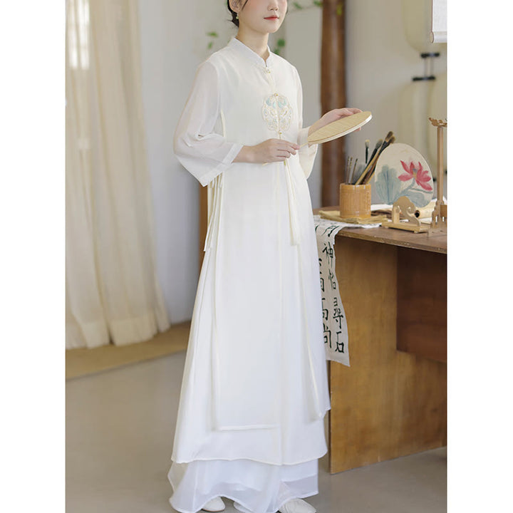 Robe mi-longue cheongsam en mousseline de soie brodée de Buddha Stones Pantalon à jambe large Vêtements de pratique de méditation zen - image 13