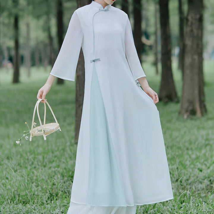 Robe mi-longue cheongsam en mousseline de soie à manches trois-quarts Buddha Stones Pantalon à jambe large Vêtements de pratique de méditation zen