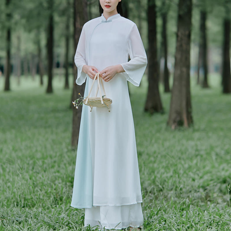 Robe mi-longue cheongsam en mousseline de soie à manches trois-quarts Buddha Stones Pantalon à jambe large Vêtements de pratique de méditation zen
