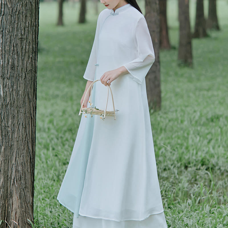 Robe mi-longue cheongsam en mousseline de soie à manches trois-quarts Buddha Stones Pantalon à jambe large Vêtements de pratique de méditation zen