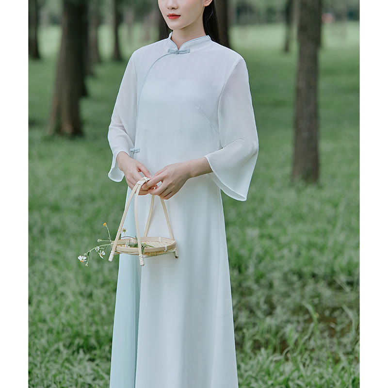 Robe mi-longue cheongsam en mousseline de soie à manches trois-quarts Buddha Stones Pantalon à jambe large Vêtements de pratique de méditation zen