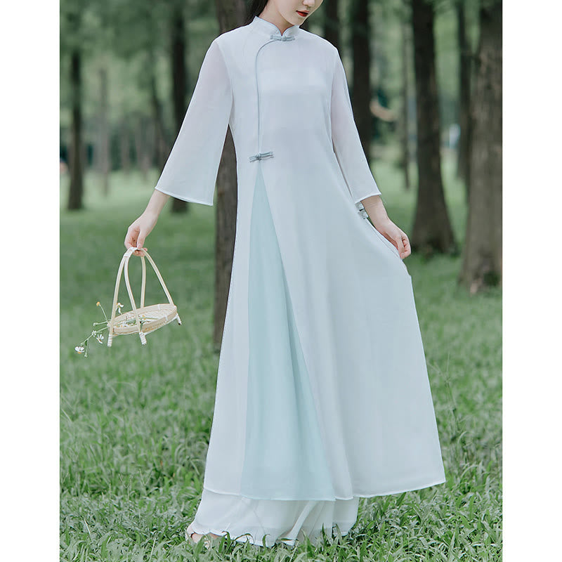 Robe mi-longue cheongsam en mousseline de soie à manches trois-quarts Buddha Stones Pantalon à jambe large Vêtements de pratique de méditation zen