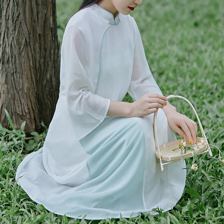 Robe mi-longue cheongsam en mousseline de soie à manches trois-quarts Buddha Stones Pantalon à jambe large Vêtements de pratique de méditation zen