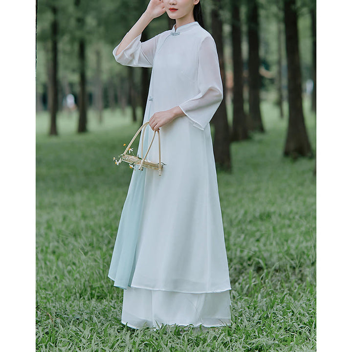 Robe mi-longue cheongsam en mousseline de soie à manches trois-quarts Buddha Stones Pantalon à jambe large Vêtements de pratique de méditation zen