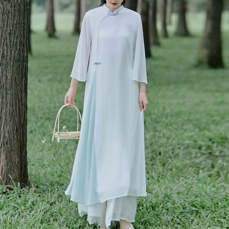 Robe mi-longue cheongsam en mousseline de soie à manches trois-quarts Buddha Stones Pantalon à jambe large Vêtements de pratique de méditation zen