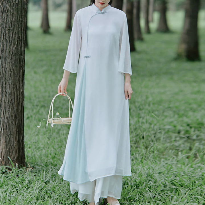 Robe mi-longue cheongsam en mousseline de soie à manches trois-quarts Buddha Stones Pantalon à jambe large Vêtements de pratique de méditation zen