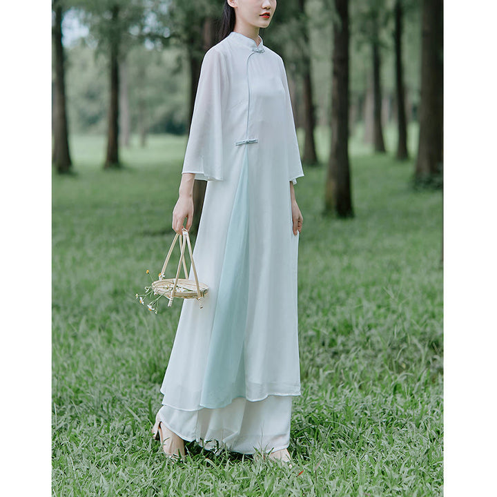 Robe mi-longue cheongsam en mousseline de soie à manches trois-quarts Buddha Stones Pantalon à jambe large Vêtements de pratique de méditation zen