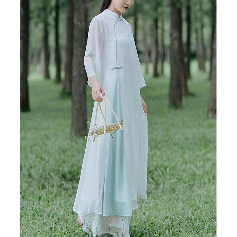 Robe mi-longue cheongsam en mousseline de soie à manches trois-quarts Buddha Stones Pantalon à jambe large Vêtements de pratique de méditation zen