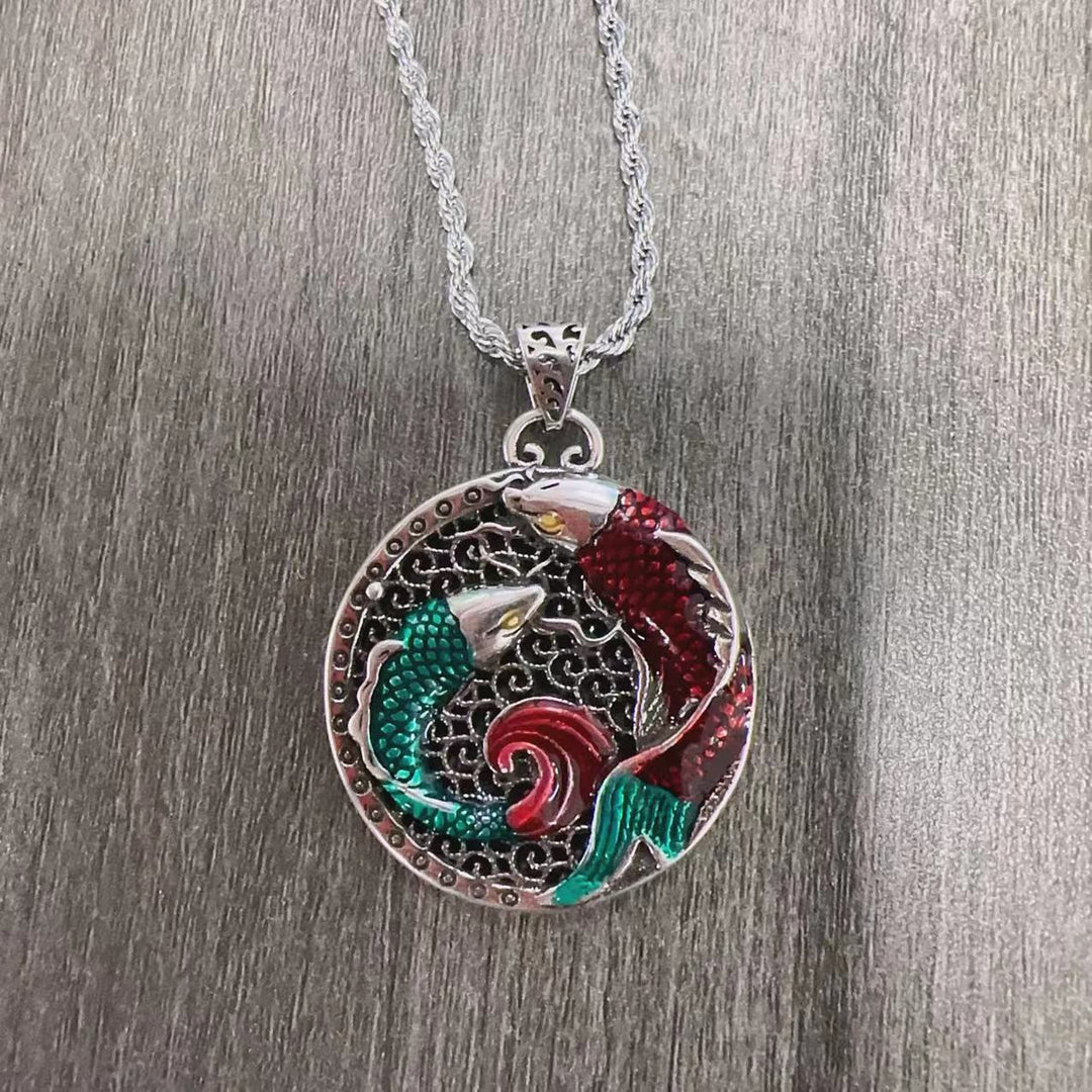 Collier de guérison en cuivre tibétain avec Buddha Stones et poisson koï