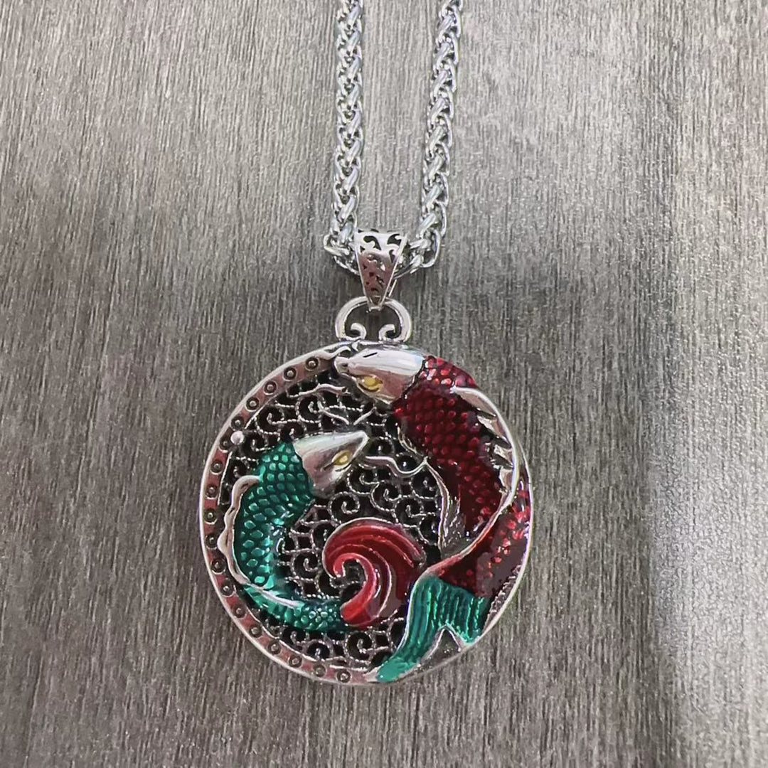 Collier de guérison en cuivre tibétain avec Buddha Stones et poisson koï