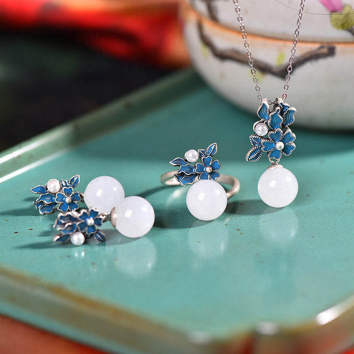 Collier pendentif bague boucles d'oreilles en argent sterling 925 Buddha Stones en jade blanc