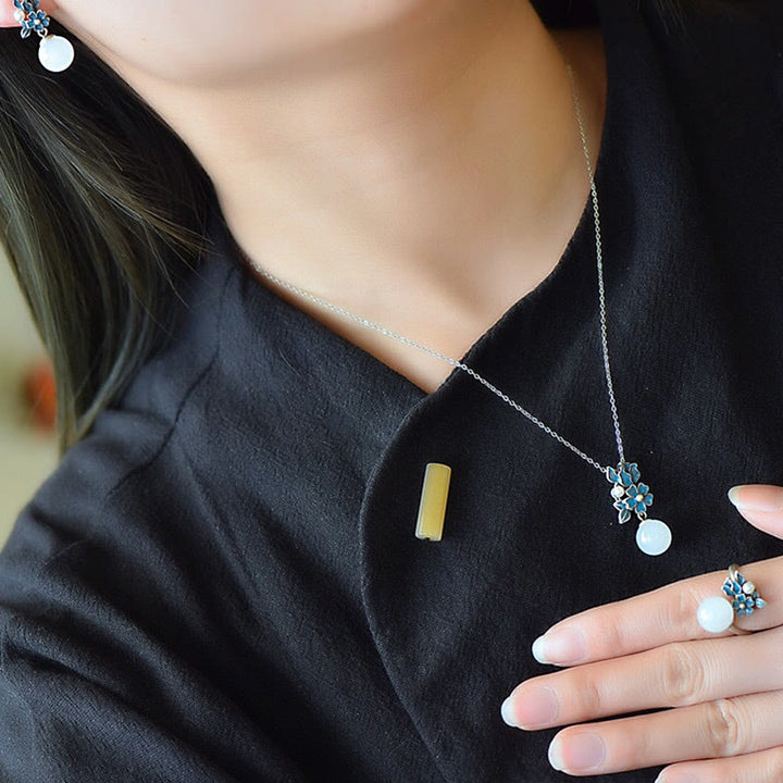 Collier pendentif bague boucles d'oreilles en argent sterling 925 Buddha Stones en jade blanc