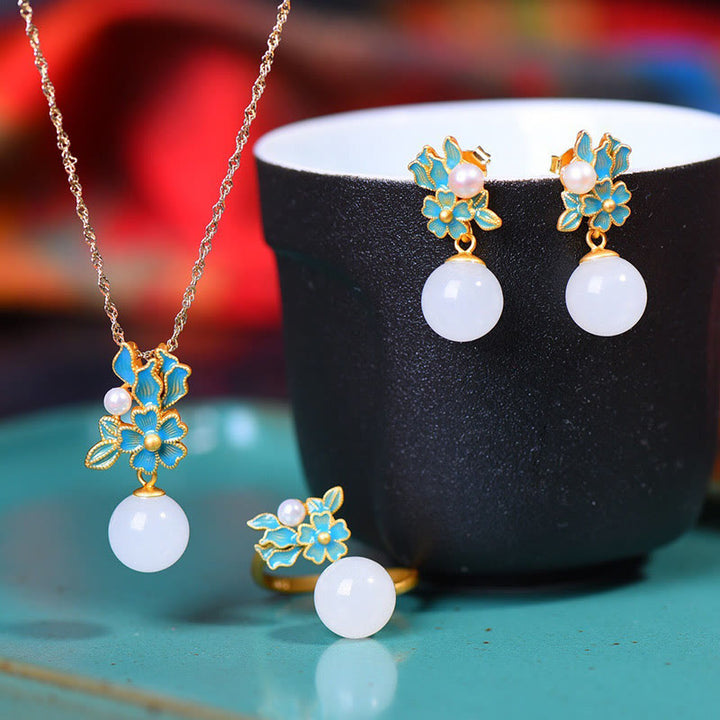 Collier pendentif bague boucles d'oreilles en argent sterling 925 Buddha Stones en jade blanc