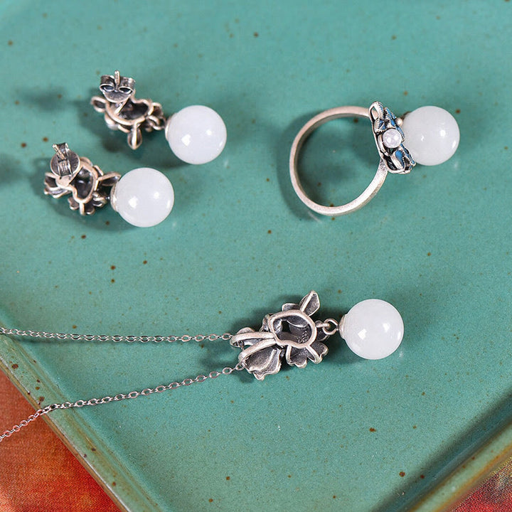 Collier pendentif bague boucles d'oreilles en argent sterling 925 Buddha Stones en jade blanc