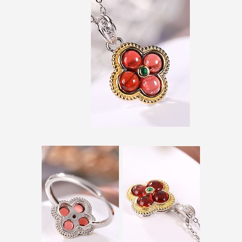 Collier pendentif trèfle à quatre feuilles en argent sterling 925 avec Buddha Stones et grenat naturel