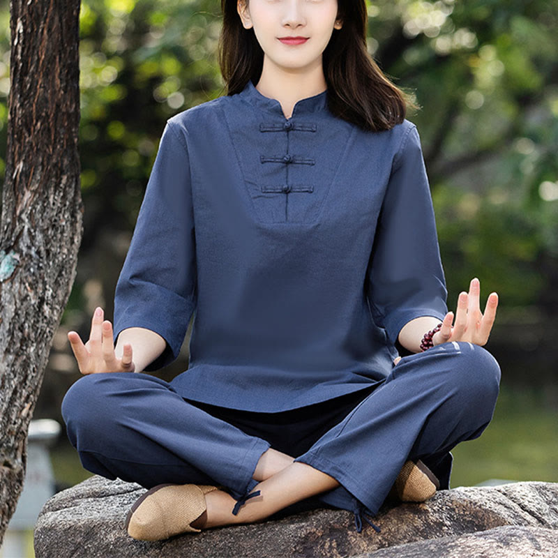 Ensemble 2 Buddha Stones chemise à manches courtes et pantalon pour femme, méditation, zen, tai-chi, coton et lin - Bleu (haut et pantalon) - US8-10，UK/AU12-14，EU40-42 (2XL) - image 0