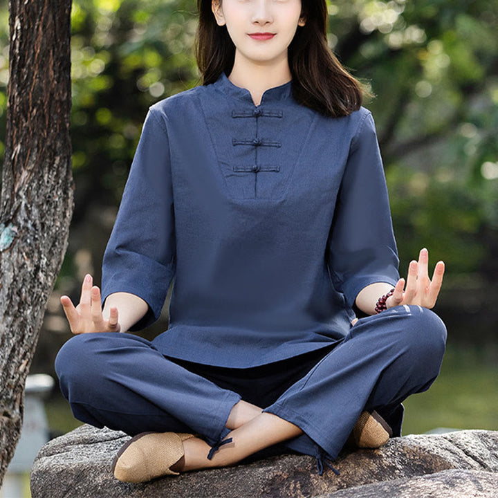 Ensemble 2 Buddha Stones chemise à manches courtes et pantalon pour femme, méditation, zen, tai-chi, coton et lin - Bleu (haut et pantalon) - US8-10，UK/AU12-14，EU40-42 (2XL) - image 0