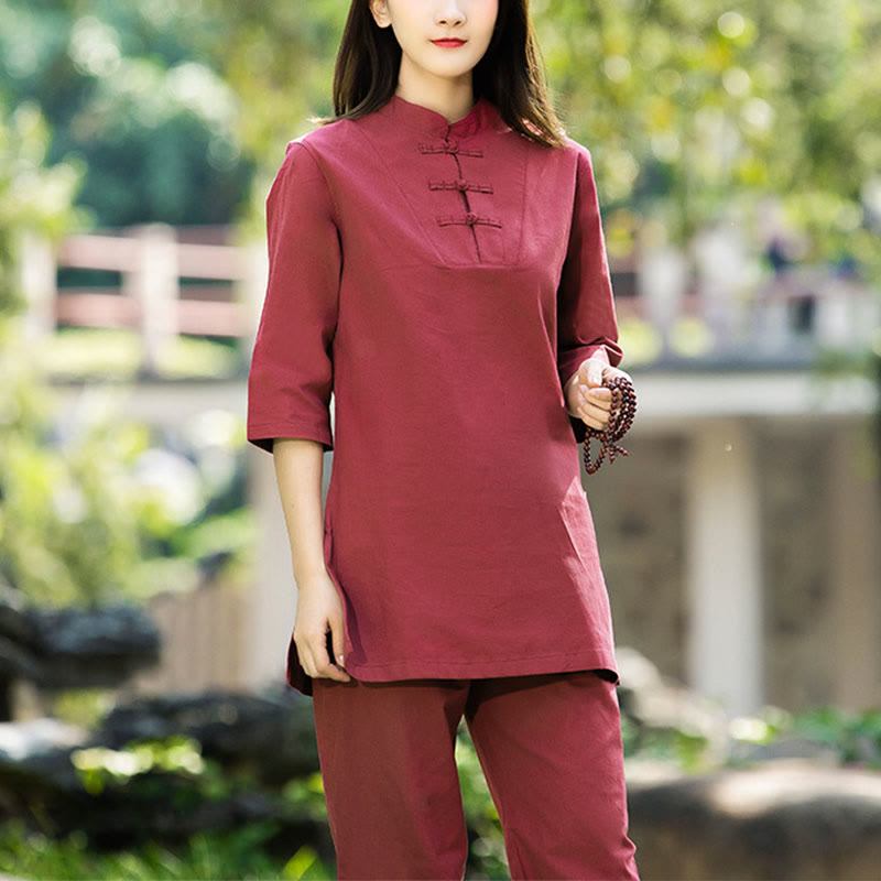 Ensemble 2 Buddha Stones chemise à manches courtes et pantalon pour femme, méditation, zen, tai-chi, coton et lin - Rouge (haut et pantalon) - US8-10，UK/AU12-14，EU40-42 (2XL) - image 2