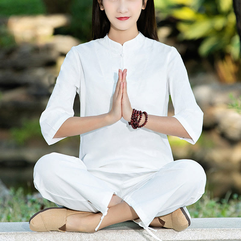 Ensemble 2 Buddha Stones chemise à manches courtes et pantalon pour femme, méditation, zen, tai-chi, coton et lin - Blanc (haut et pantalon) - US8-10，UK/AU12-14，EU40-42 (2XL) - image 12