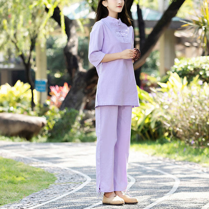Ensemble 2 Buddha Stones chemise à manches courtes et pantalon pour femme, méditation, zen, tai-chi, coton et lin - Violet (haut et pantalon) - US8-10，UK/AU12-14，EU40-42 (2XL) - image 9