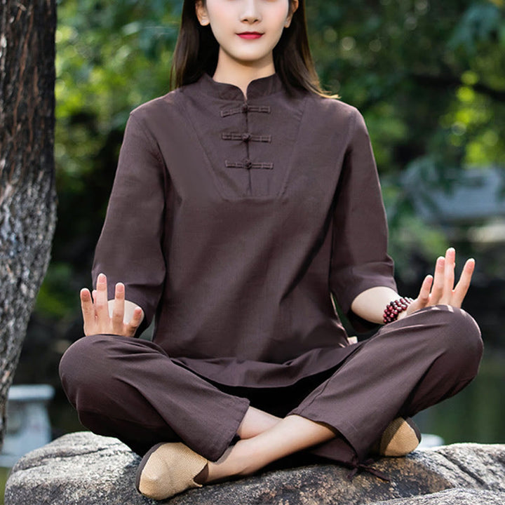 Ensemble 2 Buddha Stones chemise à manches courtes et pantalon pour femme, méditation, zen, tai-chi, coton et lin - Marron (haut et pantalon) - US8-10，UK/AU12-14，EU40-42 (2XL) - image 22