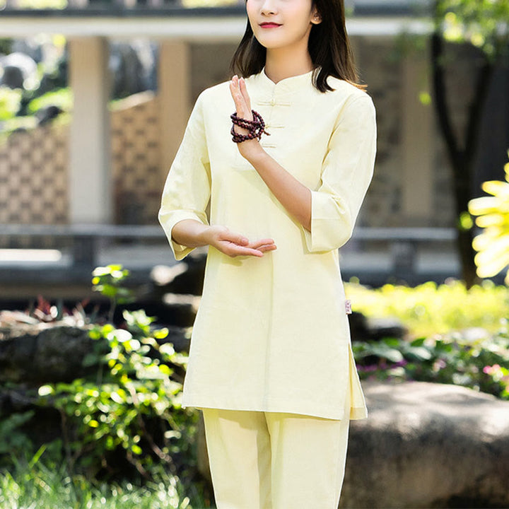 Ensemble 2 Buddha Stones chemise à manches courtes et pantalon pour femme, méditation, zen, tai-chi, coton et lin - Jaune (Haut et pantalon) - US8-10，UK/AU12-14，EU40-42 (2XL) - image 19