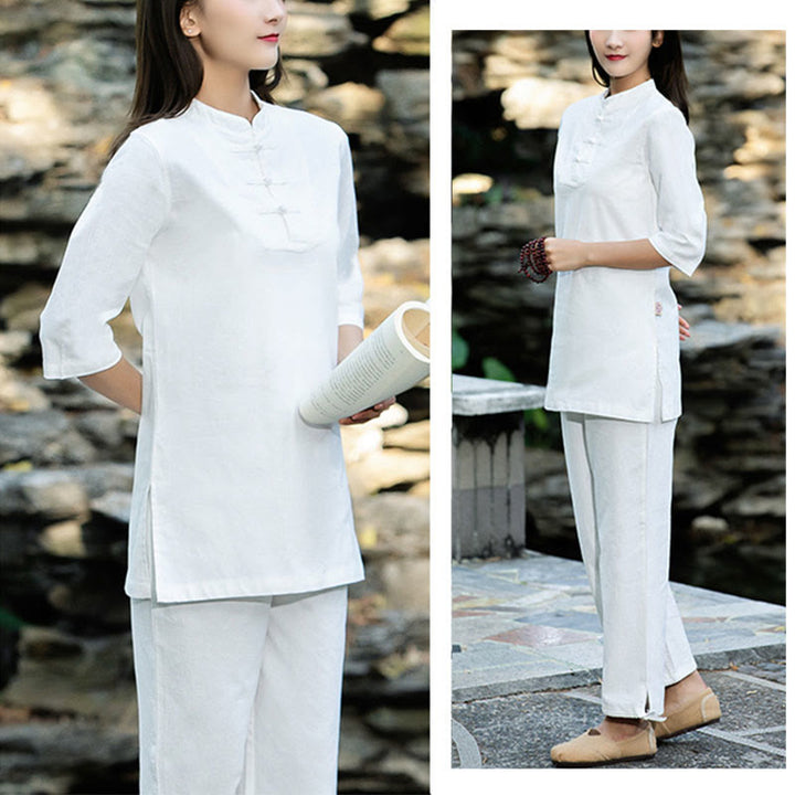 Ensemble 2 Buddha Stones chemise à manches courtes et pantalon pour femme, méditation, zen, tai-chi, coton et lin - image 14