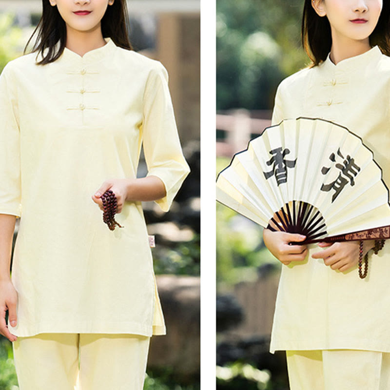 Ensemble 2 Buddha Stones chemise à manches courtes et pantalon pour femme, méditation, zen, tai-chi, coton et lin - image 21