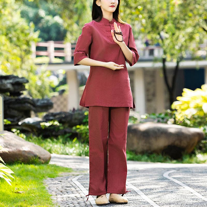 Ensemble 2 Buddha Stones chemise à manches courtes et pantalon pour femme, méditation, zen, tai-chi, coton et lin - image 5