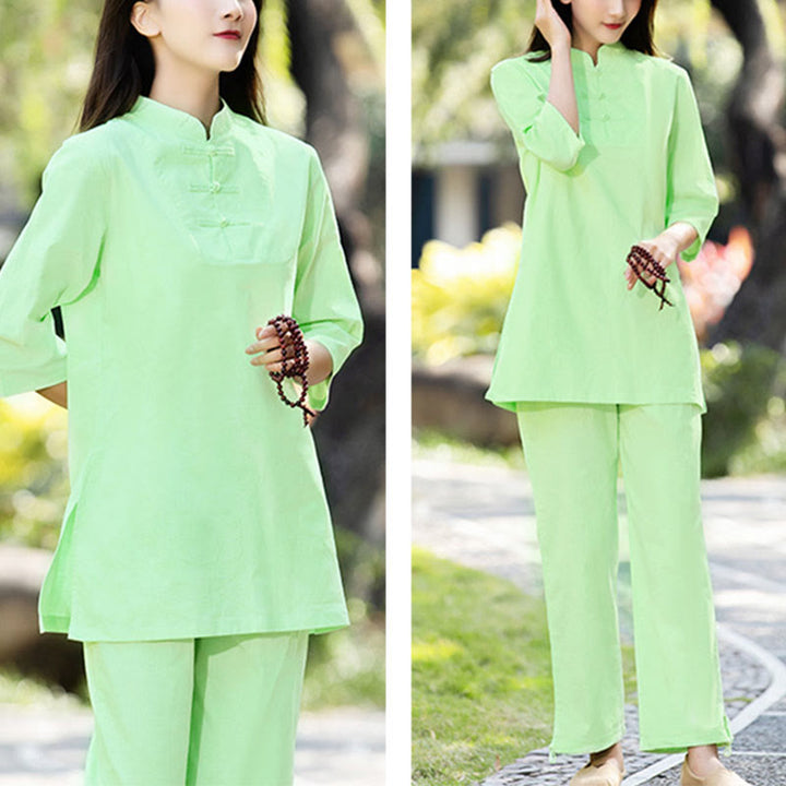 Ensemble 2 Buddha Stones chemise à manches courtes et pantalon pour femme, méditation, zen, tai-chi, coton et lin - image 8
