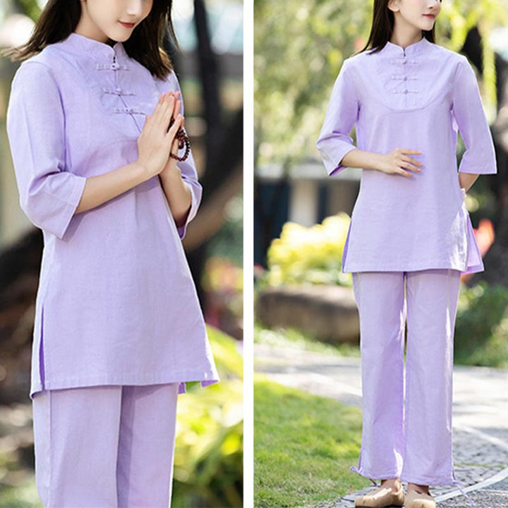 Ensemble 2 Buddha Stones chemise à manches courtes et pantalon pour femme, méditation, zen, tai-chi, coton et lin - image 11